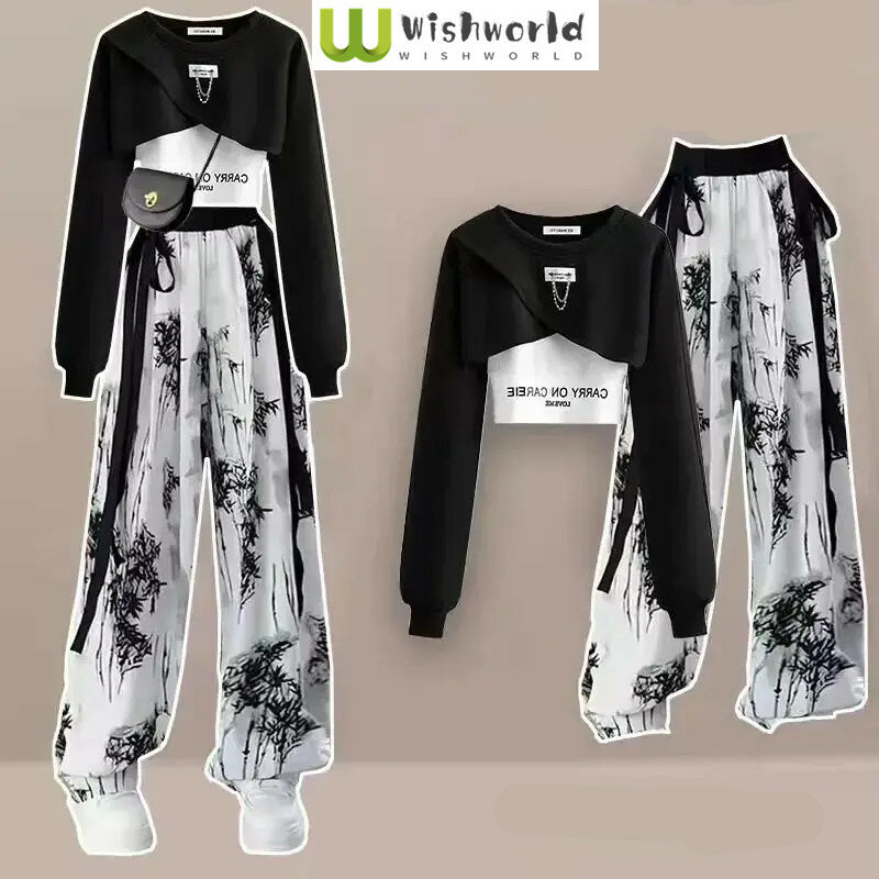 Wiosenny i jesienny komplet damski koreański Design Top z długim rękawem + podkoszulek + tusz spodnie z szeroką nogawką trzyczęściowy zestaw modny styl w talii