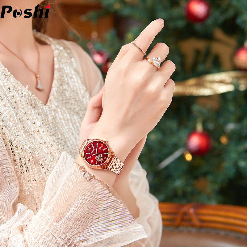 Poshi นาฬิกาผู้หญิงนาฬิกาแฟชั่นสแตนเลสวันที่ผู้หญิงนาฬิกาข้อมือควอตซ์กันน้ำ kado pacar relogio feminino