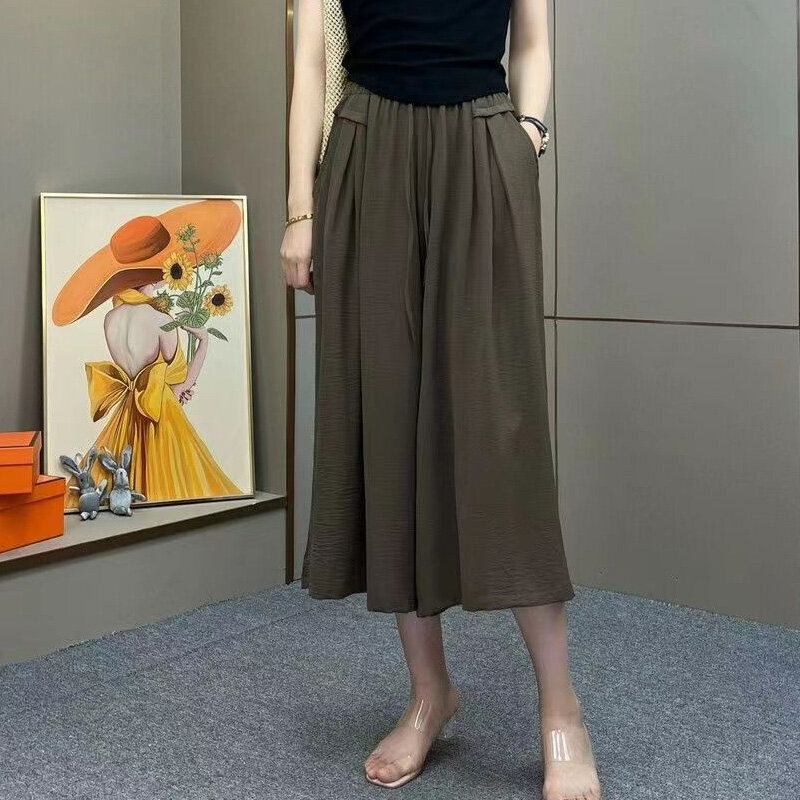 Celana kantor wanita lurus longgar, pakaian wanita mode Panjang betis baru 2024 polos, celana kaki lebar pinggang elastis musim panas nyaman