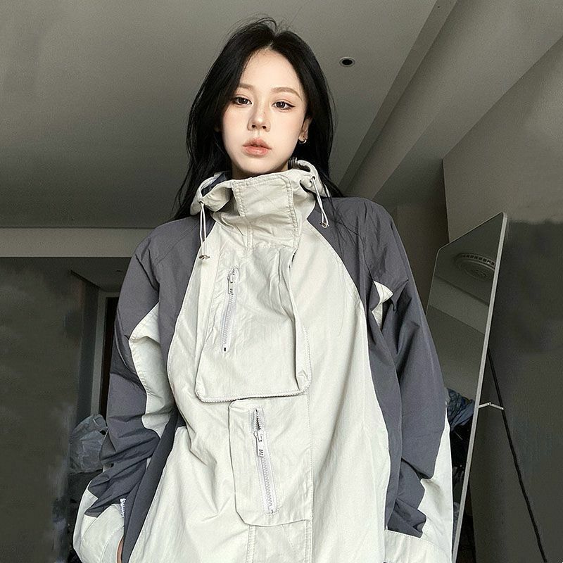 HOUZHOU Vintage แจ็คเก็ตกลางแจ้งผู้หญิง Y2k Streetwear กันน้ำขนาดใหญ่ฤดูใบไม้ร่วง Hooded Harajuku Windbreaker Coat MODE Korea