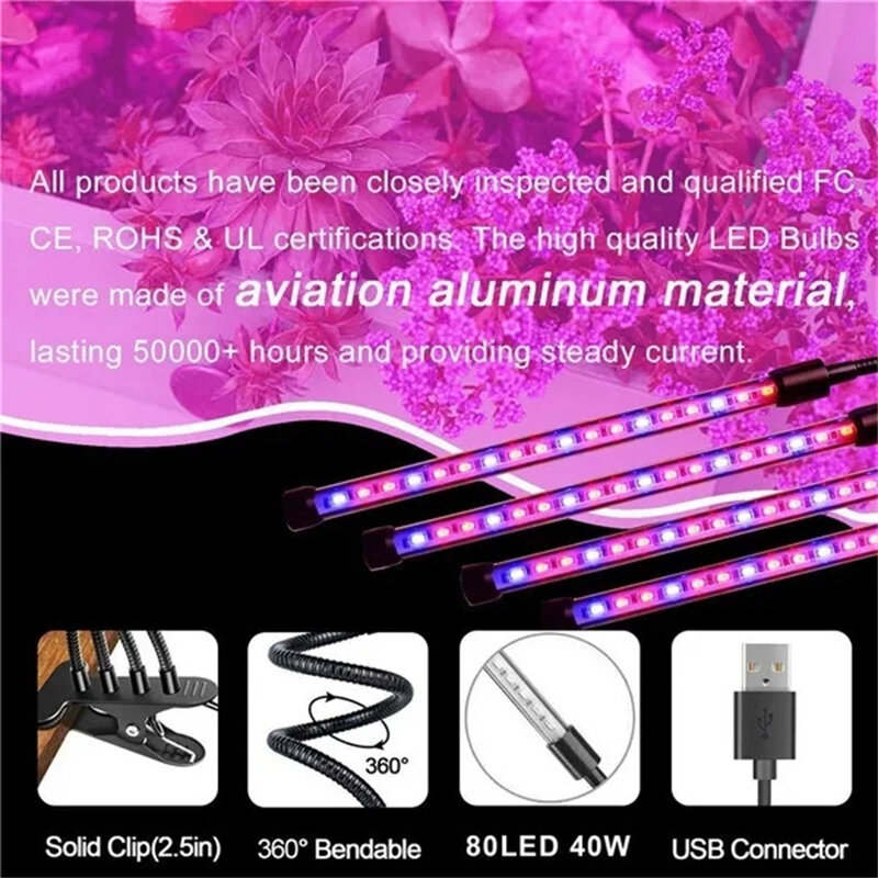 USB LED Plant Grow Light Indoor Garden 10 Dimmable Levels Grow Light Full Spectrum Timer Setting Hydroponic Greenhouse 3H/9H/12H