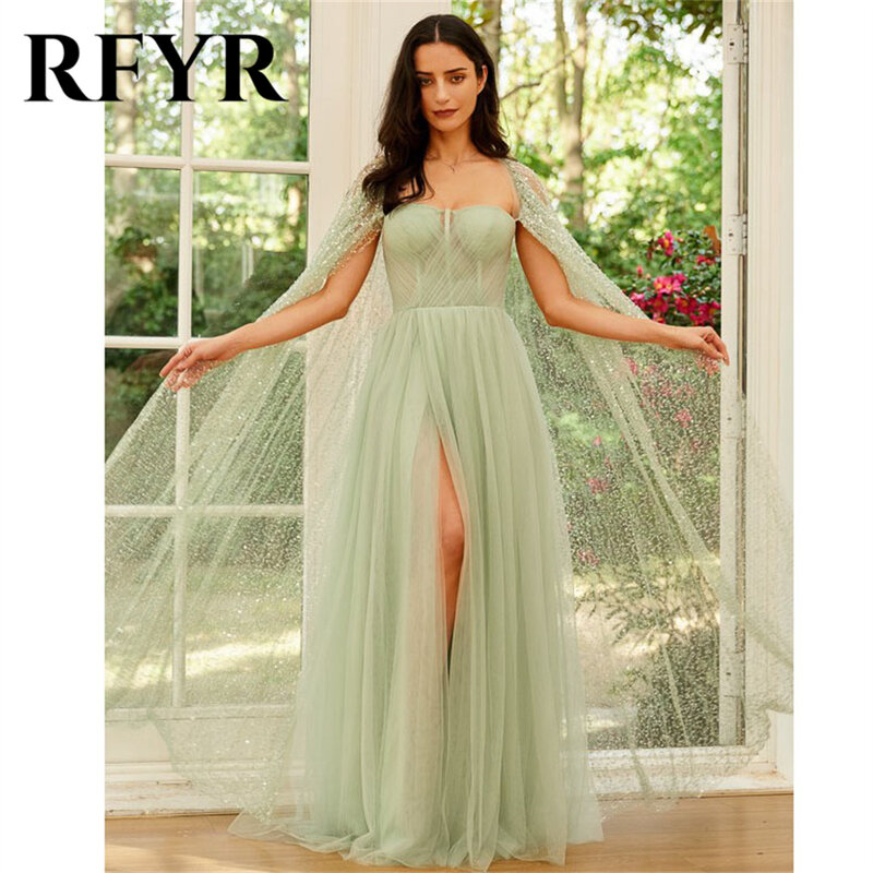 RFYR-vestido de noche verde brillante con abertura lateral alta, traje de fiesta, chaqueta de graduación, escote Corazón, tul