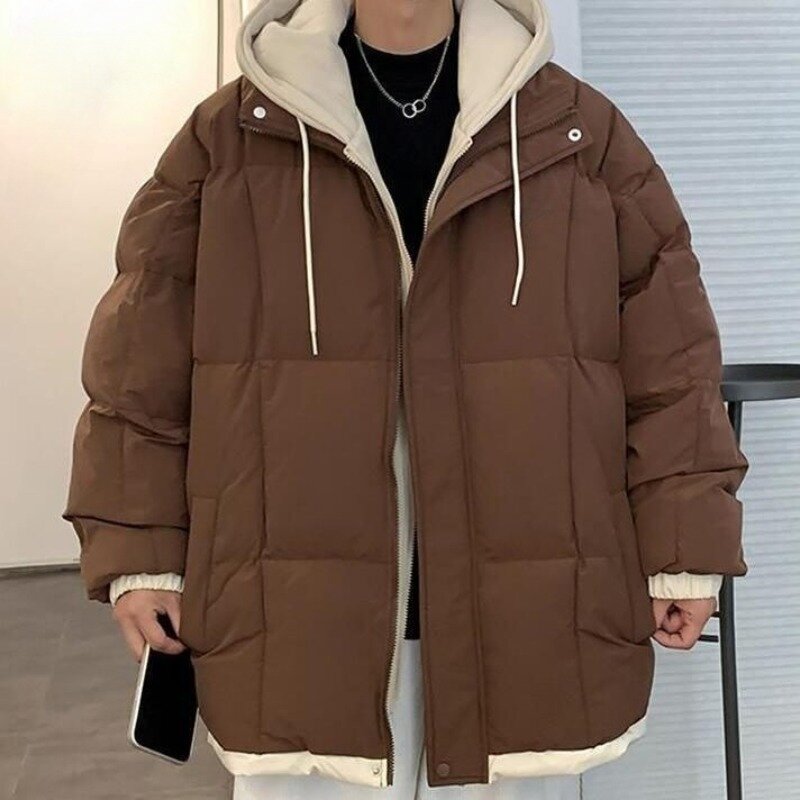 2023 New Men Down Cotton Coat Winter Jacket Fake Two Pieces Loose  Leisure Parkas Thicken Warm Outwear Hooded Trend Overcoat