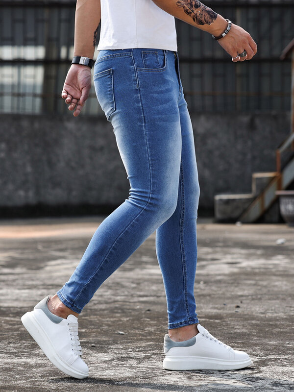 Y2k Celana Jeans Pria Celana Pensil Denim Elastik Dapat Diregangkan Klasik Pertengahan Pinggang Denim Multi Saku Warna Solid Streetwear