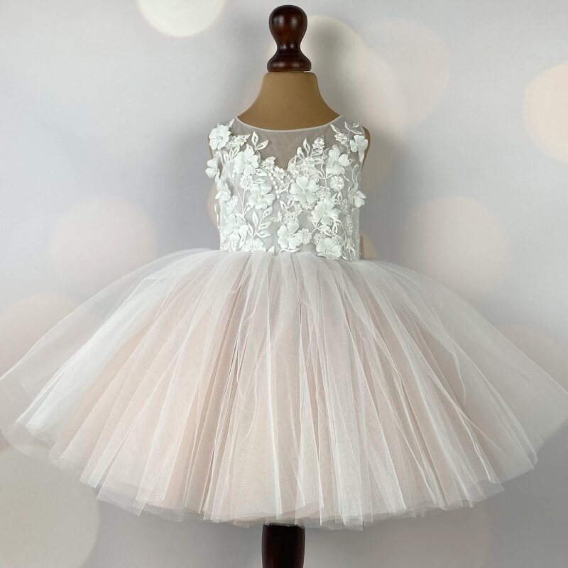 Gaun gadis bunga merah muda muda Tulle Puffy putih applique dengan pita tanpa lengan untuk pesta ulang tahun pernikahan gaun Komuni Pertama