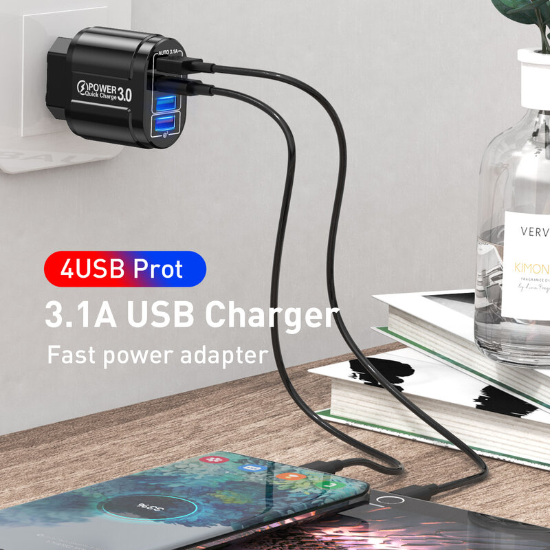 USLION 4 Ports USB Charger Quick Charge 3.0 48W Phone Adapter For iPhone Xiaomi EU/KR/AU Plug Portable Wall Mobile Fast Charger