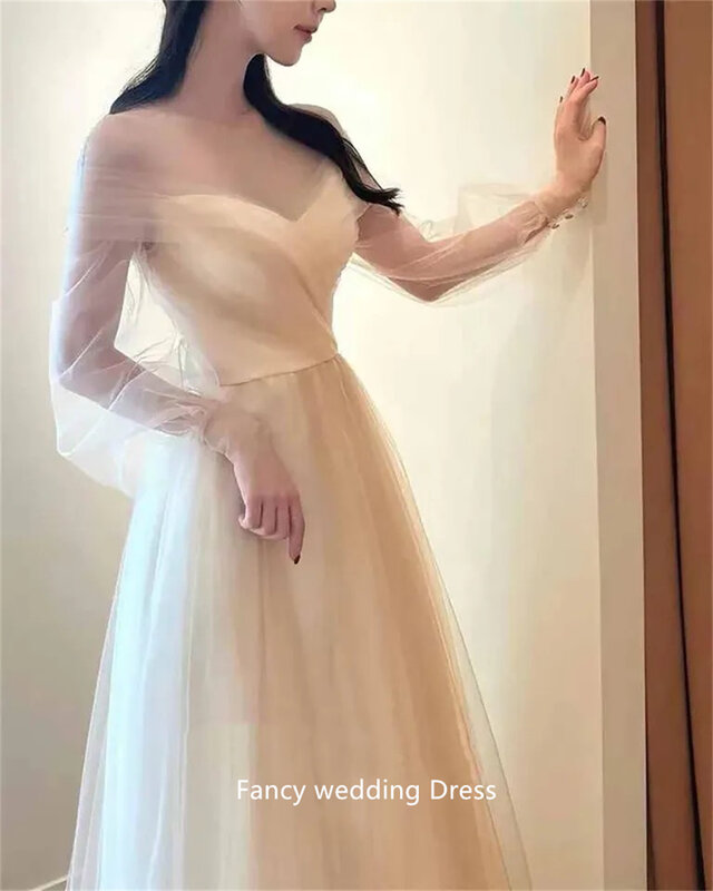 V pescoço longo sopro manga vestidos de casamento, princesa Photo Shoot, fora do ombro champanhe espartilho volta vestido de noiva personalizado, extravagante Coréia