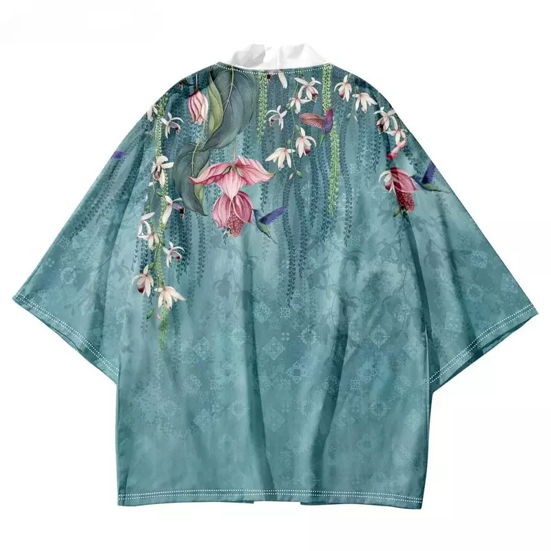 Kimono azul japonés con estampado de flores para mujer, cárdigan Yukata tradicional, ropa asiática Haori, talla grande, Verano