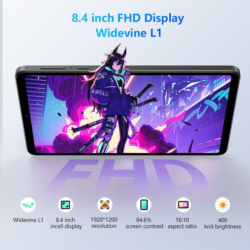Headwolf FPad5 tablet Android 14, 8.4 inci 8GB + 8GB Ram 128GB UFS2.1 octa-core G99 Tablet PC 5500 mAh mendukung WideVine L1