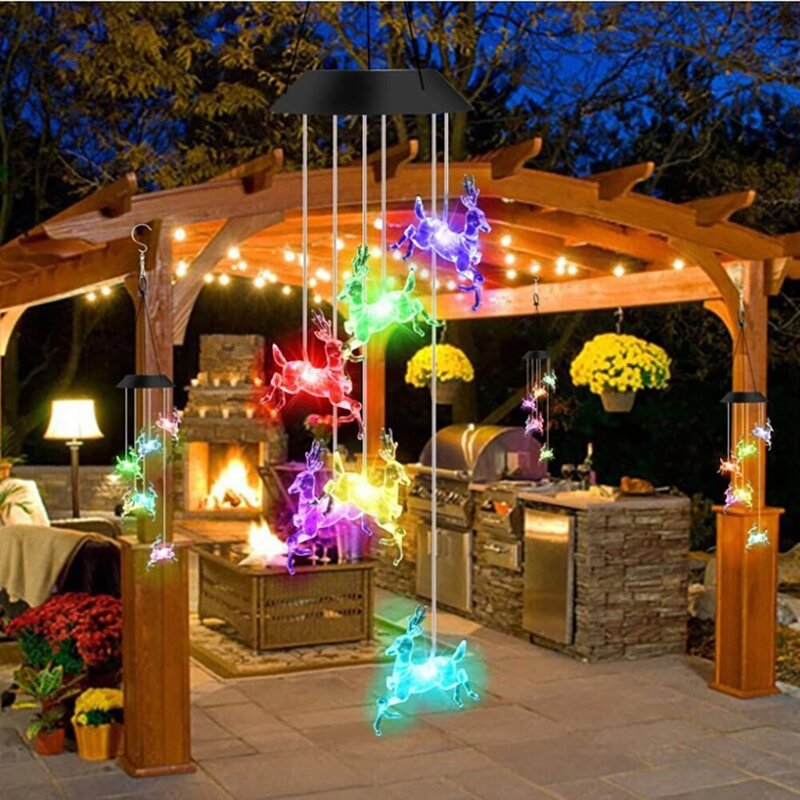 Solar Christmas Elk Deer Wind Chimes Lights Outdoor Waterproof LED renna Xmas Decor luci mobili per Patio Yard Garden Home