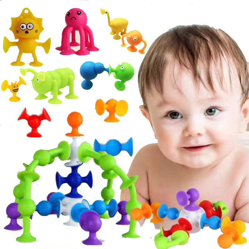 Baby ventosa giocattoli Set di costruzione per bambini blocchi di costruzione in Silicone bambini animale Puzzle adesivo vasca da bagno ventosa giocattoli da bagno