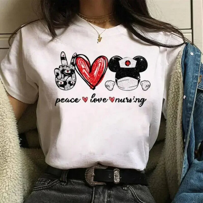 Camiseta de manga curta feminina verão, coração dos desenhos animados, série amor paz, pintada à mão, estampa amor paz, camiseta harajuku