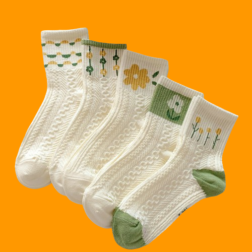 5/10 Paar Nieuwe Groene Sokken Herfst En Winter Japanse Fris Wit Midden Sokken Schattige Kleine Bloem Sokken