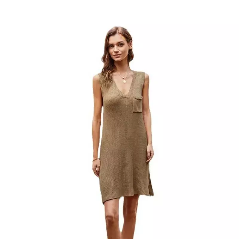 Женское трикотажное платье с разрезом, свободное трикотажное платье в европейском и американском стиле с V-образным вырезом, весна-лето 2024