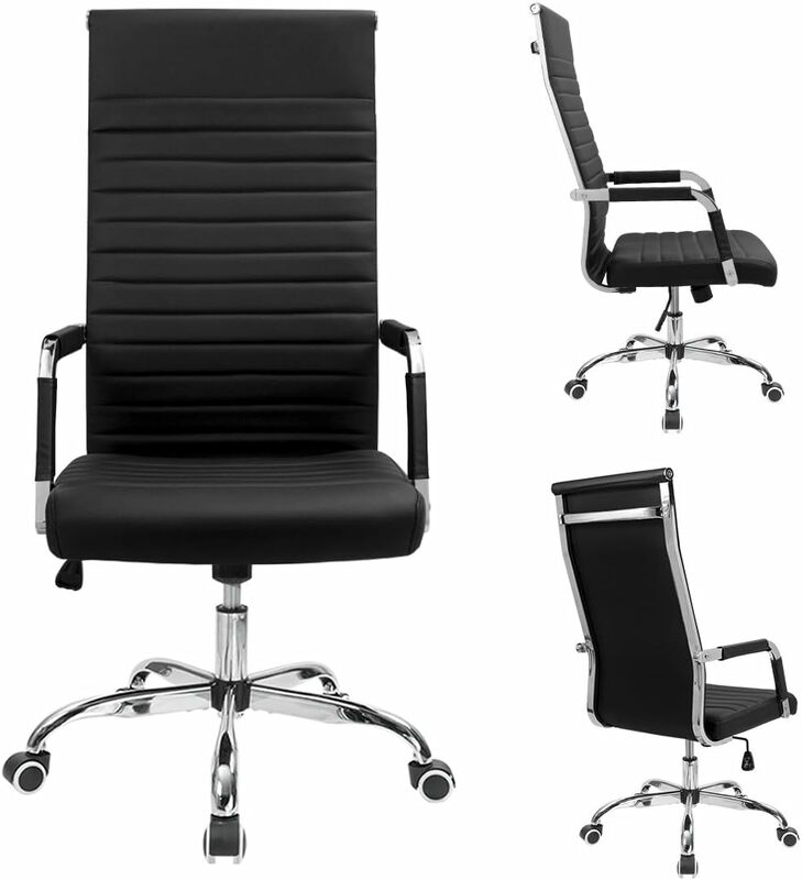 Ribbed Office Chair High Back PU Leather Executive Conference Chair Adjustable Swivel Chair with Arms