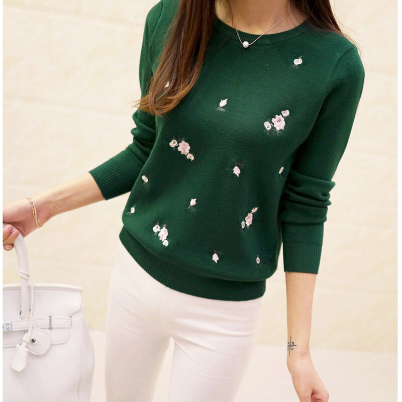 2023 Newest Style Womens Pullovers Beautiful Flowers Embroidery Long Sleeve Casual Female Cotton Sweater Solid color Female Tops