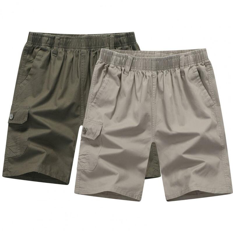 Shorts de cintura elástica meados de origem masculina com bolsos, perna larga casual, pai de meia idade