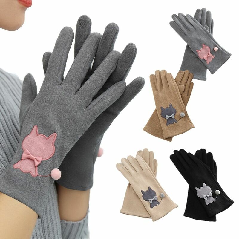 Sarung tangan beludru musim dingin, sarung tangan kucing pita kupu-kupu mewah untuk berkendara luar ruangan gaya Korea