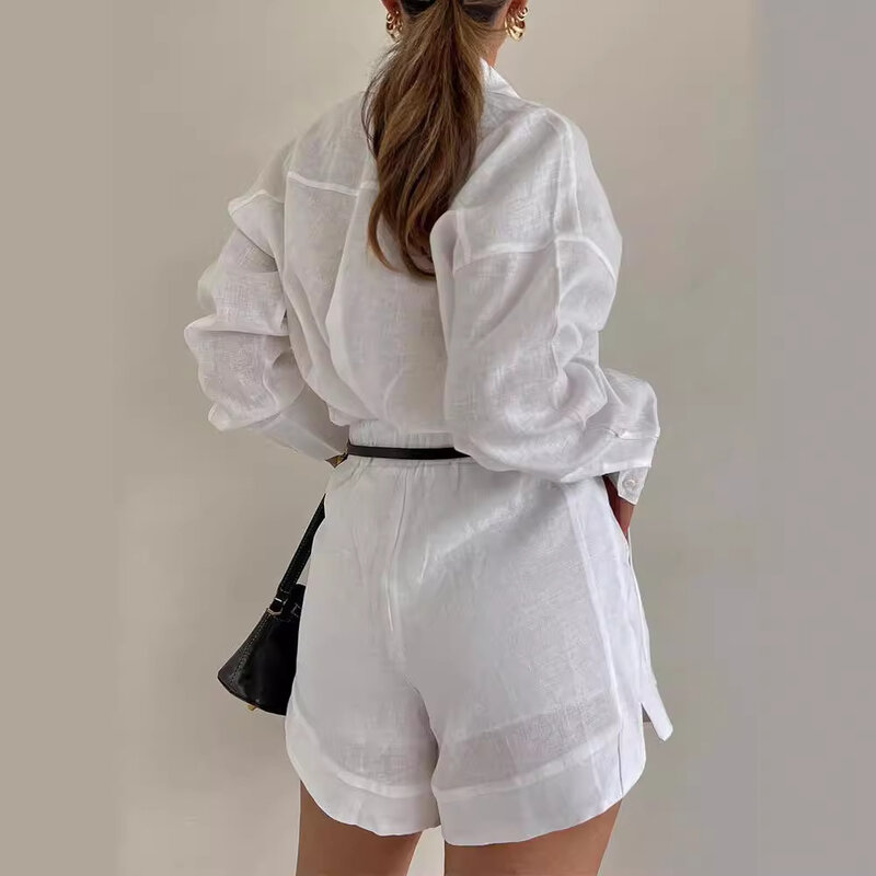 라펠 긴팔 셔츠 반바지 세트, 통기성 투피스, 캐주얼 여성복, 단색, 2024, 여름 신상