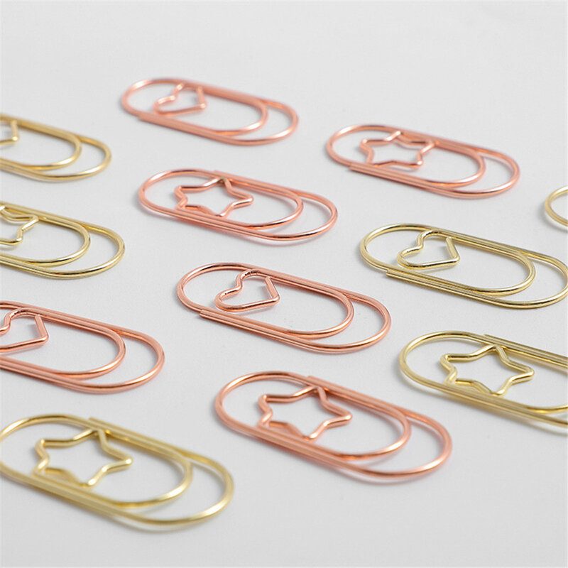20Pcs/Bag Cute 12*18*38mm Heart Gold Rose Color Clip Bookmark Metal Office Accessories Paper Clips Patchwork Clip Stationery