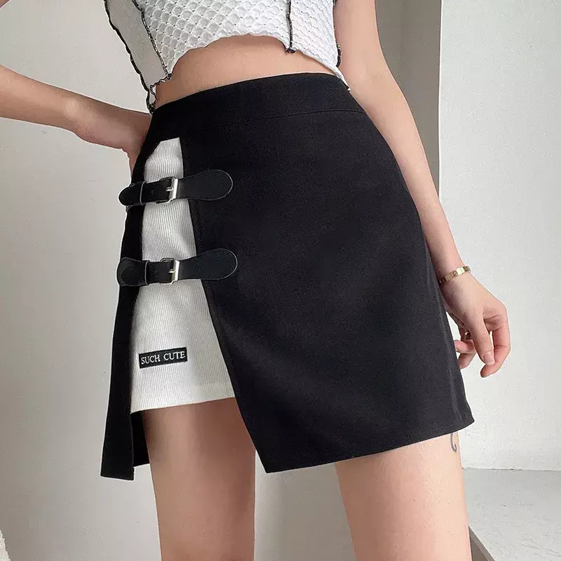 Women Embroidery High Waist A-line Skirts Female Harajuku Fashion Goth Y2k Hollow Out Patchwork Letters Skirts Leather Buckle