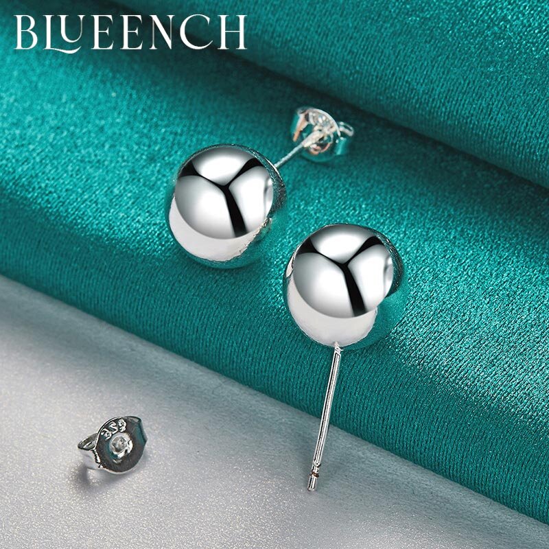 Blueench-pendientes de tuerca de bola redonda de 8mm para mujer, de Plata de Ley 925, adecuados para fiesta de boda, joyería de temperamento de moda
