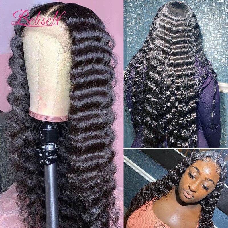 Beliself-Peluca de cabello Remy brasileño para mujer negra, postizo de encaje Frontal de onda profunda suelta, 30 pulgadas, con rayita Natural