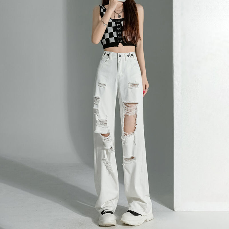 Weiße Distressed Jeans für Frauen Sommer Slim 2024 neue hoch taillierte gerade Bein drapieren weites Bein Hosen Instagram Trend
