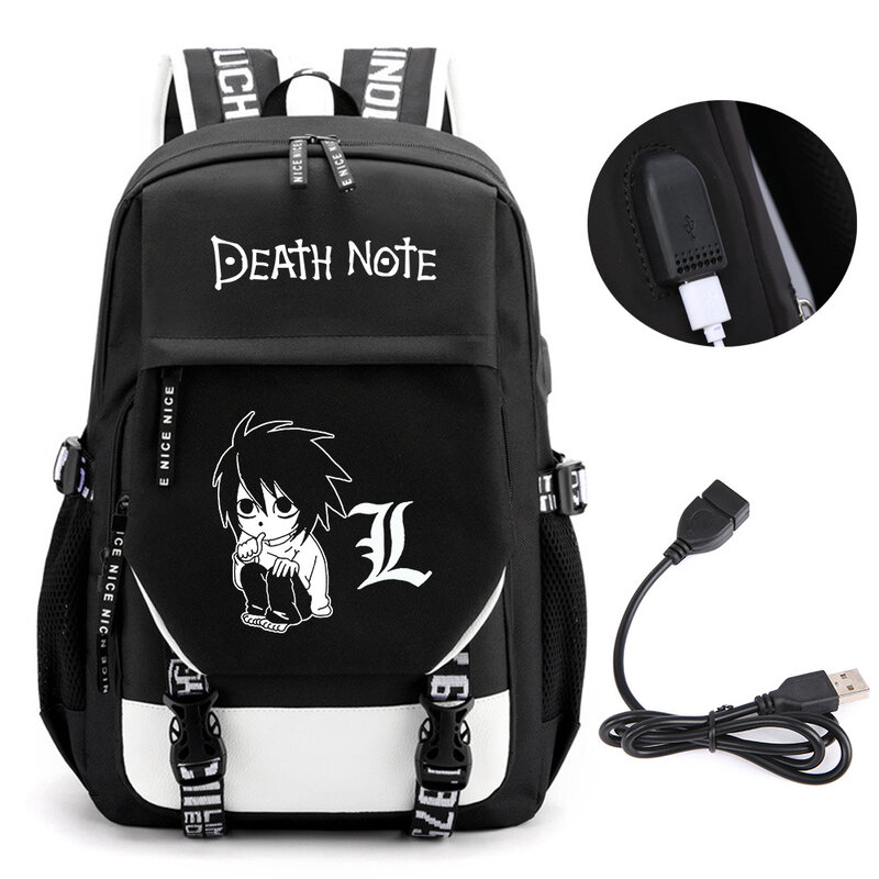 Anime Death Note Mochila para meninos e meninas, Sacos de livros escolares, Porta USB de viagem, Saco do portátil, Presente