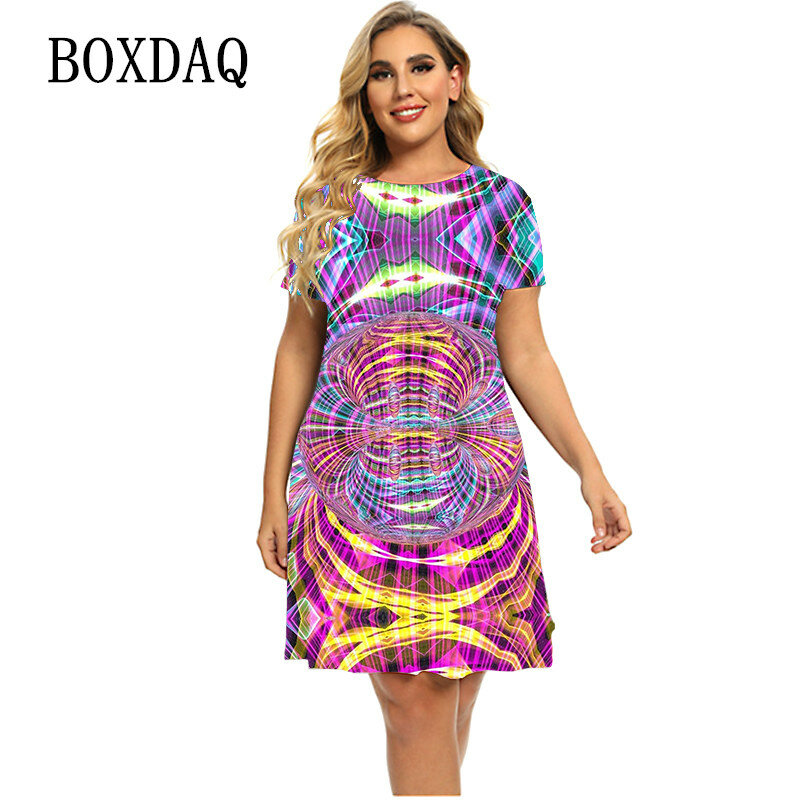 Fashion New Pattern Abstract 3D Print Dress For 2023 Women Plus Size Dress Summer O-Neck Short Sleeve Loose Large Dresses 6XL