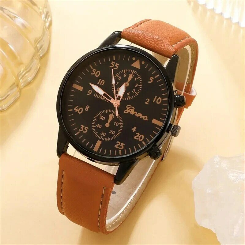 Jam tangan bisnis pria, 4 buah Set Fashion kulit coklat tali tangan mewah olahraga kasual kuarsa jam tangan Reloj Hombre