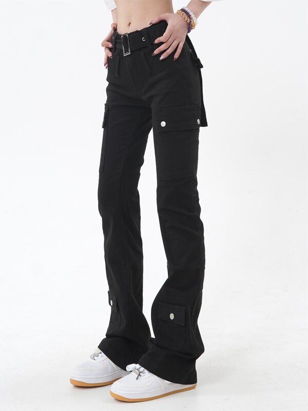 Calça jeans feminina, design de bolso slim fit, calça comprida, streetwear, levemente queimada, alta qualidade, estilo americano, moda