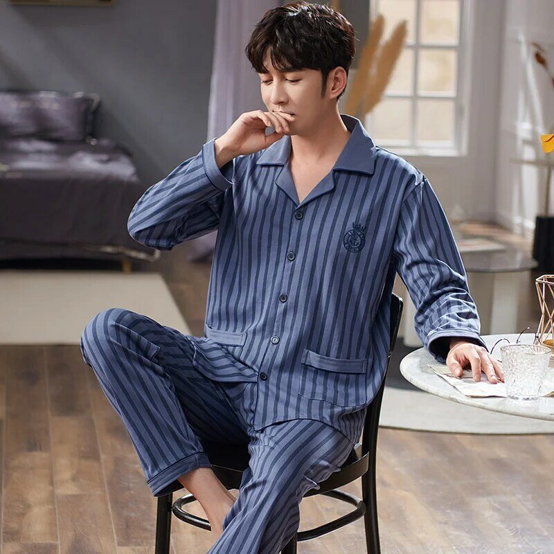 Cotton Spring and Autumn Men's Home Furnishings Vertical Stripe Cardigan Simple and Comfortable Long Sleeve Men's Pajamas