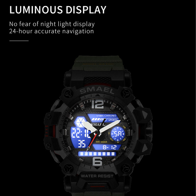 SMAEL 남자 스포츠 시계 50m 방수, 밀리터리 스포츠 시계, 디지털 8072 듀얼 디스플레이 시계, 쿼츠 LED 디지털 시계