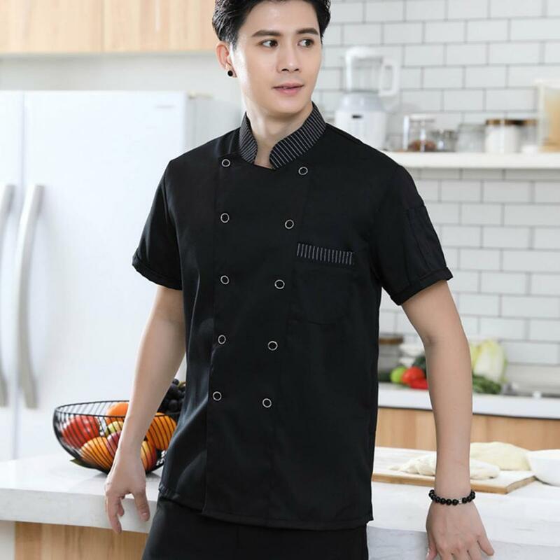Stand Collar Short Sleeve Double Breasted Patch Pocket Chef Uniform Women Men Service Bakery Breathable Chef Shirt Work Clothing
