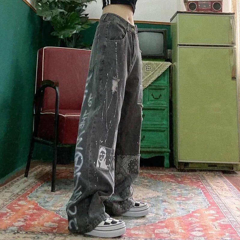 Джинсы в стиле Харадзюку женские, Модные Винтажные брюки из денима с широким принтом, прямые штаны, уличная одежда на лето