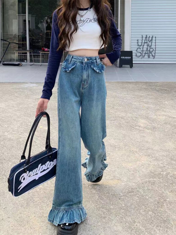 Jeans con volant donna Vintage stile americano High Street pantaloni larghi a vita bassa Y2k pantaloni in Denim All-match Flare Mopping Spring College