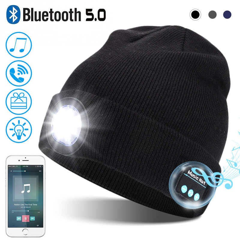 Unisex Beanie Hat with Light USB Rechargeable Hands Free LED Headlamp Hat Knitted Night Light Beanie Cap Flashlight Hat
