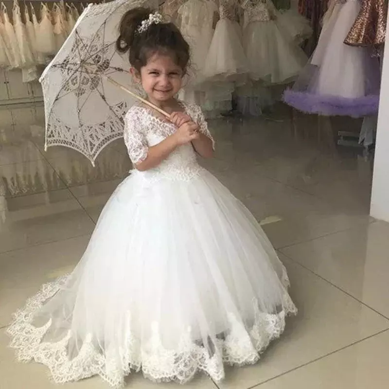 Weiße Langarm V-Ausschnitt Spitze Blumen mädchen Kleid für Hochzeits abend Party Kinder formelle Prinzessin Junior Brautjungfer Kleid