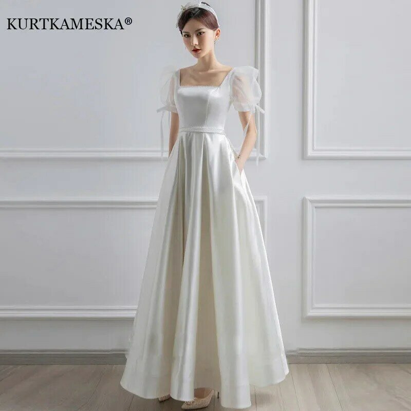 Białe satynowe suknie ślubne dla panny młodej formalny elegancka z bufkami rękaw wieczorowy gość długa letnia sukienka damska formalna przedsionek