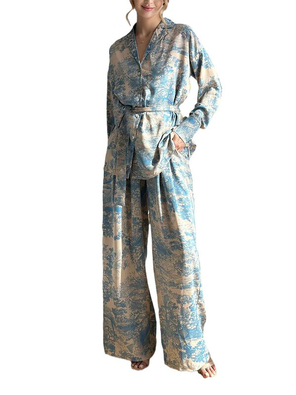 Botão de manga comprida estampado floral feminino camisa e calça conjunto de pijama, pijamas macios, loungewear, 2 peças