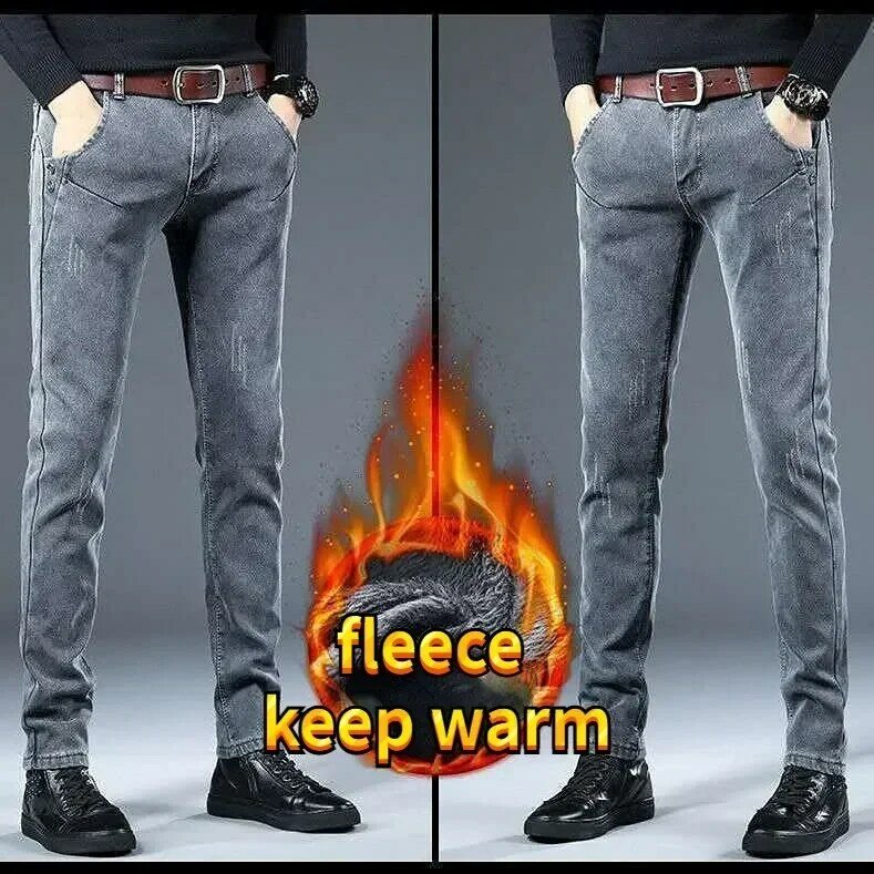 Jeans magro de lã de pelúcia masculino, calça grossa, moda coreana, jeans escovado, fina de lã, para outono e inverno