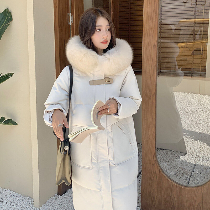 Piumino con fibbia in pelle a fila singola per donna cappotto invernale con collo in pelliccia di volpe di media lunghezza al ginocchio