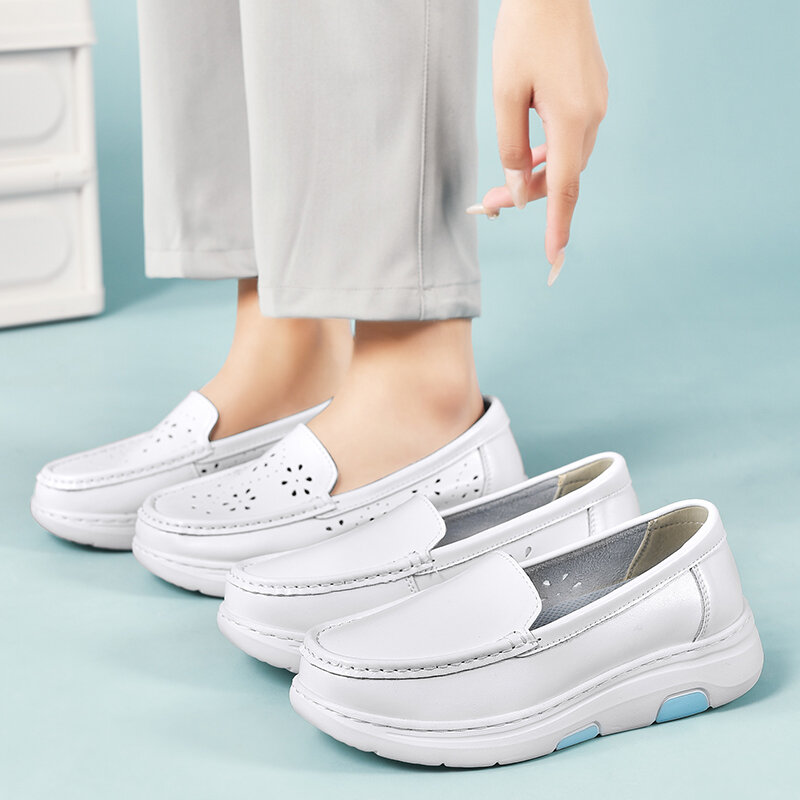 STRONGSHEN-zapatos planos de enfermera para mujer, zapatillas cómodas de trabajo con plataforma de cuña, sin cordones, color blanco