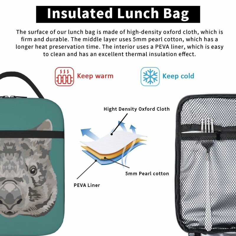 Tas makan siang wajah Wombat umum Tote makan siang terisolasi kotak Bento tahan air tas piknik dapat dipakai ulang untuk wanita kerja anak-anak Sekolah