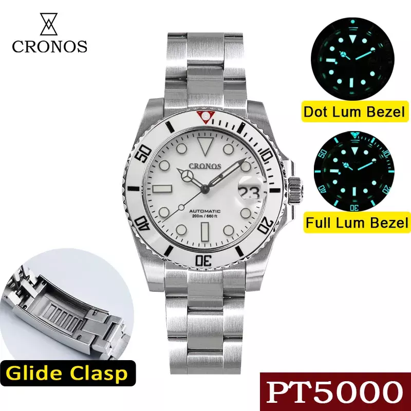 Cronos Sub Diver Men Watch White Dial Ceramic Bezel 200m Waterproof Glideclasp Brushed Bracelet L6005 PT5000 Automatic Watch