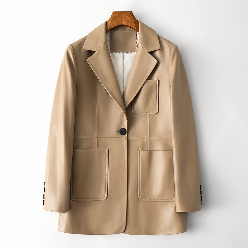 Casaco de couro verdadeiro feminino, gola lapela, manga comprida, botões únicos, bolsos, moda chique, jaquetas senhora, 100% pele de carneiro