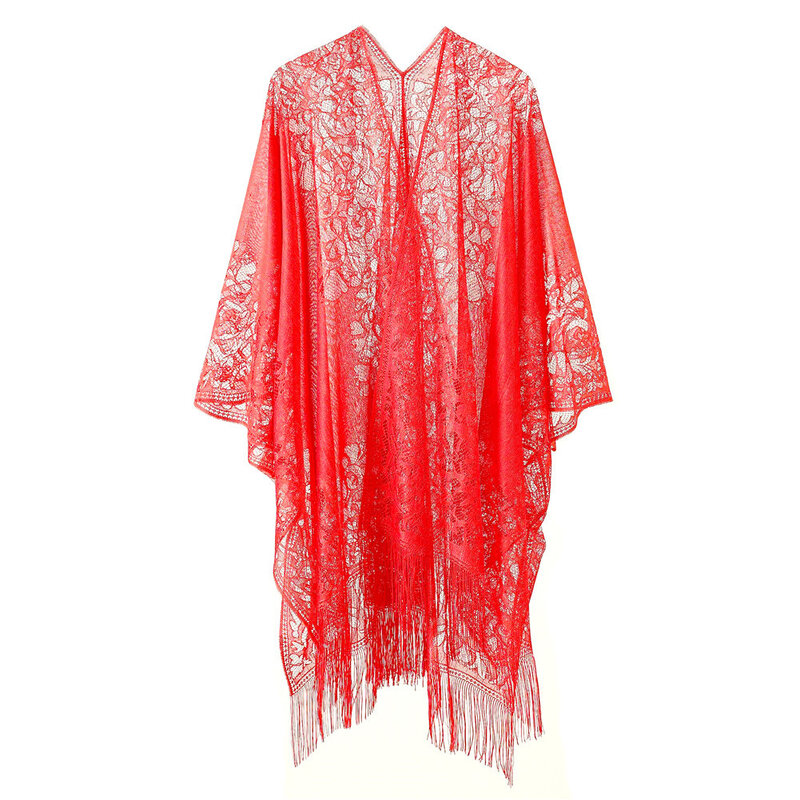 Mulheres na moda proteção solar xale senhoras rendas borla biquíni blusa verão praia blusa kimono cardigan