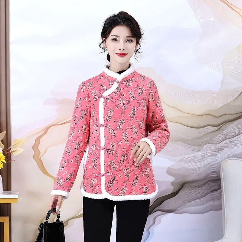 Пальто с большими цветами, модный костюм Тан, зимняя куртка с хлопковой подкладкой в китайском стиле, теплая бархатная куртка Olus, Женская куртка с хлопковой подкладкой