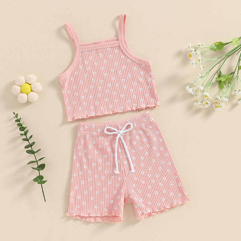 Visgogo-女の赤ちゃんの夏の衣装,かわいい花のプリントが施されたノースリーブのTシャツ,伸縮性のあるウエストショーツのセット,幼児の服,2個